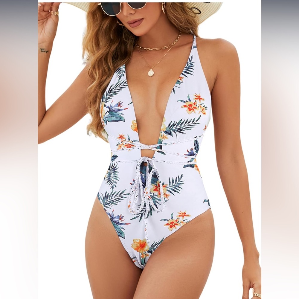 Ribbed Swimsuit Deep V-neck Bathing Suit Crisscross Back Self Tie Monokini